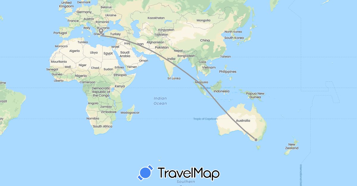 TravelMap itinerary: driving, plane in Australia, Greece, Singapore (Asia, Europe, Oceania)